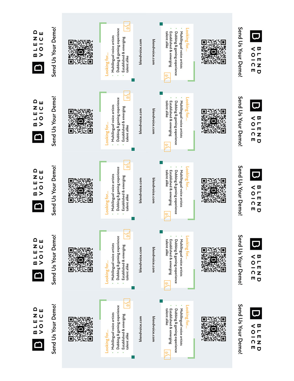 Print-ready sheet of BLEND Voice QR promo cards