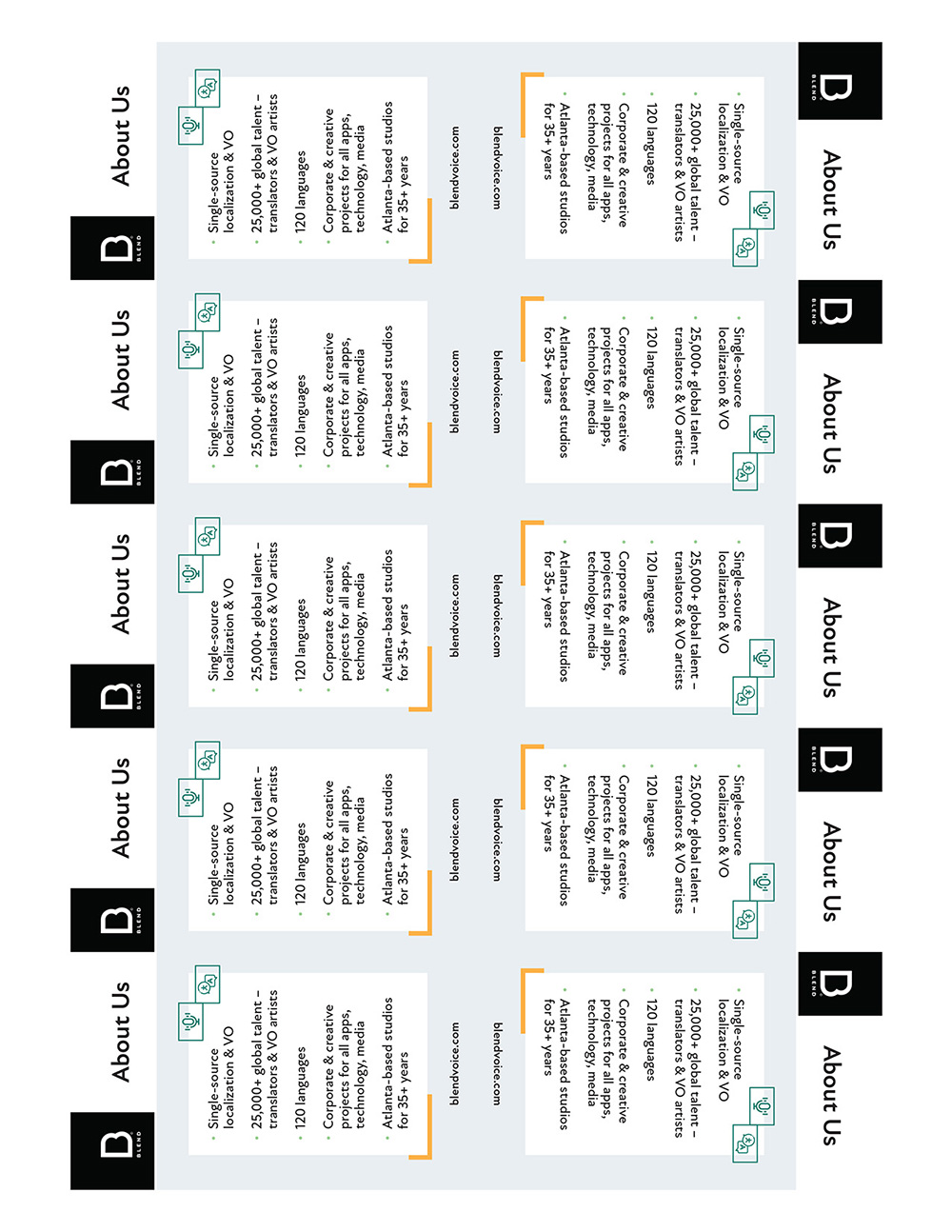 Print-ready sheet of BLEND About Us mini cards
